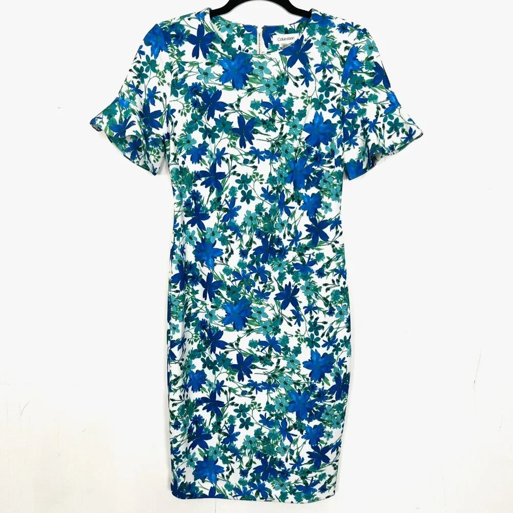 Calvin Klein Blue Green Floral Sheath Dress Ruffle Short Sleeve 4 Small mc - Picture 1 of 5